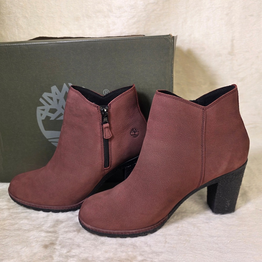 Timberland Tillston Ankle Boots Burgundy Rust Leather Heeled Booties Women 9 NEW